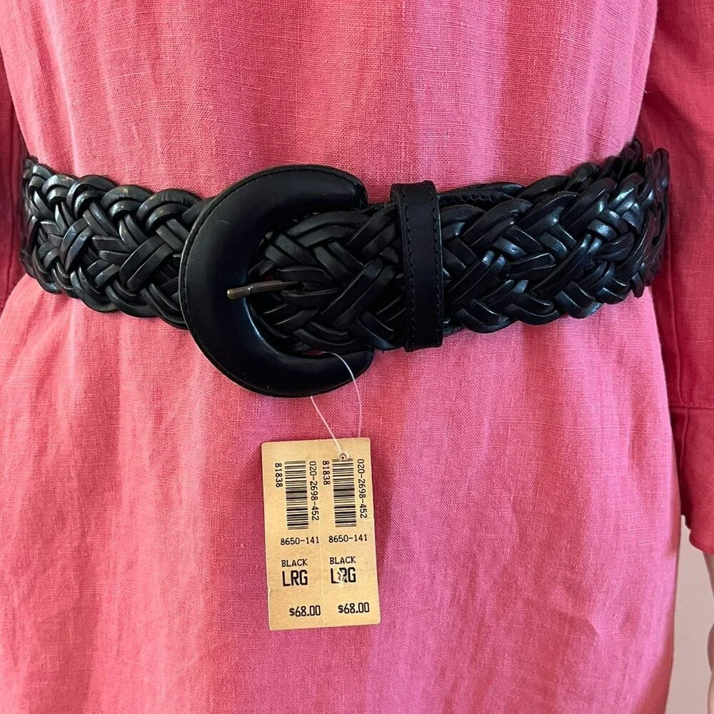 Harold's Woman's Black Leather Woven Braided Made In Turkey Belt Sz Lr